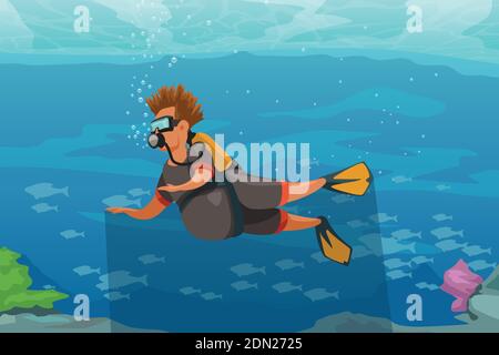 cartoon man in tropical water with scuba Stock Vector