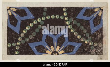 Design for a Wallpaper, Brush and blue, green, yellow, cream, and brownish black paint on paper, Circles composed of bead chains cross each other so to form spherical octagons staggered in alternate rows. Eight-pointed rosettes are shown in them. Black ground. One half, and two quarters of octagons are shown., France, ca. 1810, Drawing Stock Photo