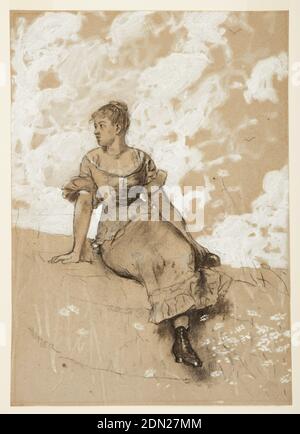 Seated Girl, Winslow Homer, American, 1836–1910, Black chalk, brush and white gouache on light-brown laid paper, Young woman seated on a wall, facing towards left, with white flowers lower right. Clouds in background., USA, 1880, figures, Drawing Stock Photo