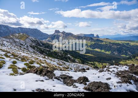 snow covered mountains with view on schlern mountain range Stock Photo