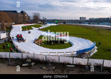 Preparation of the upcoming FIS cross-country skiing sprint World Cup on the banks of the river Elbe. The race at 19th/20th of December 2020 Stock Photo