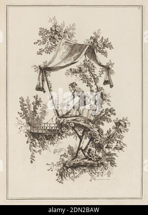 Plate 5, 'Suite de douze Pêcheurs et Chasseurs', Jean-Baptiste Pillement, French, 1728–1808, Jean-Jacques Avril the Elder, French, 1744 - 1831, Etching on paper, Decorative landscape with Chinese figure under a canopy pulling in a line with two hooks. Two framing lines. Right top corner: '5'; bottom: 'j. pillement.del.'; 'j. j. avril sculp. 1771.mar.dec…', France, 1771, Print Stock Photo