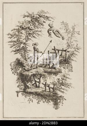 Plate 3, 'Suite de douze Pêcheurs et Chasseurs', Jean-Baptiste Pillement, French, 1728–1808, Jean-Jacques Avril the Elder, French, 1744 - 1831, Etching on paper, Decorative landscape with Chinese figure holding spear with arrow point and pursuing fantastic bird. Two framing lines. Right top corner: '3'; bottom of the design: 'J pillement in.'; 'j. j. avril.sculp.1771.', France, 1771, Print Stock Photo