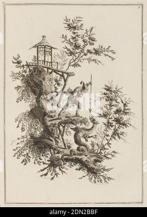 Plate 6, 'Suite de douze Pêcheurs et Chasseurs', Jean-Baptiste Pillement, French, 1728–1808, Jean-Jacques Avril the Elder, French, 1744 - 1831, Ethching on paper, Decorative landscape with a Chinese using a pointed spear to attack a dragon below him. Two framing lines. Right top corner: '6.'; bottom of the design: 'j. pillement.in.del.'; 'j.j.avril.sculp.1771.', France, 1771, Print Stock Photo