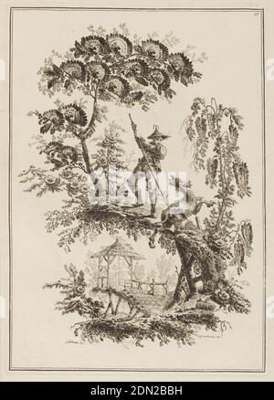 Plate 10, from 'Suite de Douze Pêcheurs et Chasseurs', Jean-Baptiste Pillement, French, 1728–1808, Jean-Jacques Avril the Elder, French, 1744 - 1831, Etching on paper, Decorative landscape with figures attacking a fantastic animal with double-bared spear., France, 1771, Print Stock Photo