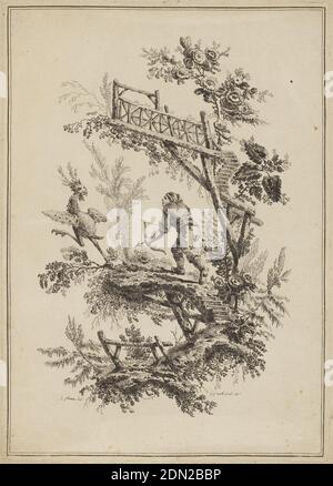 Plate 12, from 'Suite de Douze Pêcheurs et Chasseurs', Jean-Baptiste Pillement, French, 1728–1808, Jean-Jacques Avril the Elder, French, 1744 - 1831, Etching on paper, Decorative landscape in which a figure with a bow and arrow pursues a fantastic bird. Two framing lines., France, 1771, Print Stock Photo