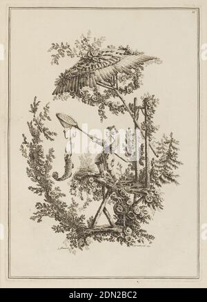 Plate 11, from 'Suite de Douze Pêcheurs et Chasseurs', Jean-Baptiste Pillement, French, 1728–1808, Jean-Jacques Avril the Elder, French, 1744 - 1831, Etching on paper, Decorative landscape with figure holding net on a pole from which a large fish, caught on a hook, is suspended. Under giant umbrella. Two framing lines., France, 1771, Print Stock Photo