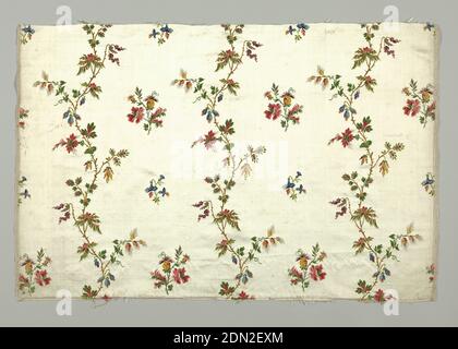 Textile, Medium: silk Technique: plain compound satin weave with supplementary weft, Off-white silk satin brocaded with multicolored floral branches and flower sprays., France or England, 18th–19th century, woven textiles, Textile Stock Photo
