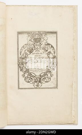 Title page, from Diverses pièces de serruriers (Various Designs for Locksmiths), Hugues Brisville, French, active ca. 1663, Jean Bérain, the Elder, French, 1640 - 1711, Pierre Mariette II, French, 1634 - 1716, Engraving on laid paper, Vertical rectangle showing title and dedication within a cartouche composed of interlacing lines. At top center, the Longuet coat-of-arms and mask. The upper text remains the same as the 1662 edition (see: 1921-6-261-1). The lower text reads: A PARIS / Chez Meriette rue St. / Jacques aux Col.nes d’Hercule Privilege du Roy. At bottom, a faint lion mask Stock Photo