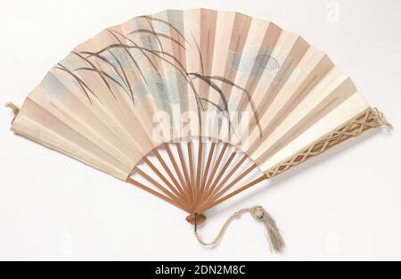 Pleated fan, Painted paper leaf; bamboo sticks, silk cord-wrapped bamboo guard, silk tassel, Pleated fan. Paper leaf painted pink with design of floral and leaf pattern in black, white and blue. Reverse: plain. Unpainted bamboo sticks. Guards decorated with double cord to form diamond pattern. Silk tassel., Japan, late 19th century, costume & accessories, Pleated fan Stock Photo