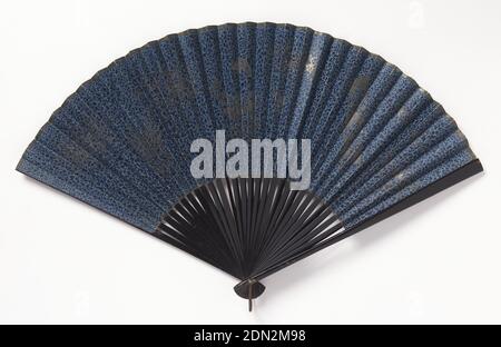 Pleated fan, Painted paper leaf, painted wood sticks, Pleated fan. Paper leaf painted on both sides with spots and silver florals. Wood sticks painted black. Pink silk ribbon., Japan, England, USA, late 19th century, costume & accessories, Pleated fan Stock Photo