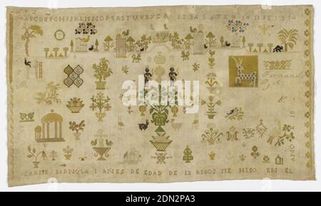 Sampler, Medium: silk on linen Technique: embroidered, While linen worked in multicolored silk, now faded, in a design of flowers, animals, people, architectural motifs, numerals and alphabet., Spain, 1800, embroidery & stitching, Sampler Stock Photo