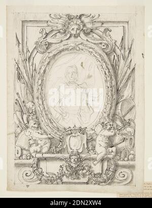 Design for a Panel with Portrait of a Nobleman, Francesco de Mura, Italian, 1696 - 1782, Brush and gray wash, pen and black ink, black chalk on paper, Half-length portrait of a man in armor, sketched within an oval frame. Decoration of the surrounding verical panel includes trophy of arms, two putti, masks at top and bottom, and a build escutcheon sumounted by a crown., Naples, Italy, ca. 1750, architecture, interiors, Drawing Stock Photo