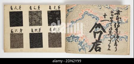 Sample book, Medium: paper, silk Technique: resist printed on plain weave, Textile samples mounted six to a page on fifteen uncut double leaves which are bound with a flyleaf back and front and an embossed cardboard cover, with silk thread. Designs are largely stencil, on subdued grounds and labeled in Japanese., Japan, 19th century, sample books, Sample book Stock Photo