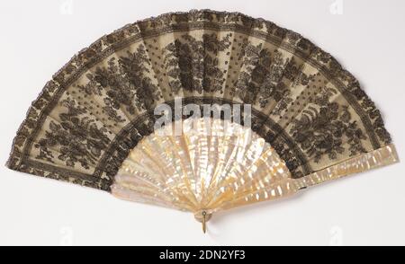 Pleated fan, Silk lace leaf backed with silk, mother-of-pearl sticks, Pleated fan. Leaf of black Chantilly linen lace in design showing bunches of flowers between leaf borders. Backed with white silk. Mother-of-pearl sticks ., France, 19th century, costume & accessories, Pleated fan Stock Photo