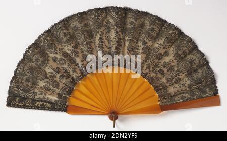 Pleated fan, Silk bobbin lace leaf backed with linen, celluloid sticks, Pleated fan. Leaf of black Chantilly lace backed with linen. Lace showing wreath of roses with flowering stems within ornamental border. Sticks of amber colored celluloid., France, 19th century, costume & accessories, Pleated fan Stock Photo