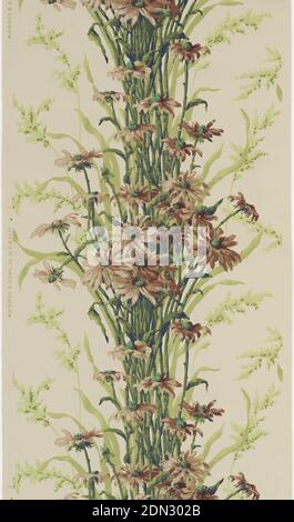 Sidewall, M.H. Birge & Sons Co., 1834, Machine-printed paper, a) Small clusters of green carnations and tan leaves arranged in a medallion of a sheaf of wheat in white outline. Medallion forms a motif in a diagonal effect. Between them are clusters of five broken lines close together running in vertical lines. The glazed field shows in the medallions and parallel lines; b) Moss rose design in soft colors mixed with sprays of tiny leaves and berries. Embossed field is composed of tiny circles. On margin is printed: 'A.W.P.M.A., 472-3'; c,d) M.H. Birge paper with column of daisies on tan ground Stock Photo