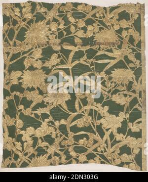 Sidewall, Embossed paper, Imitation leather. Flowering vine and possibly bamboo plant, with snail, grasshopper and dragon fly. Embossed and printed in gold on deep green ground., Japan, 1875–85, Wallcoverings, Sidewall Stock Photo