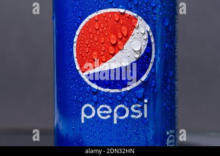 Tyumen, Russia-November 01, 2020: can of Pepsi logo, a carbonated soft drink produced and manufactured by PepsiCo. Stock Photo