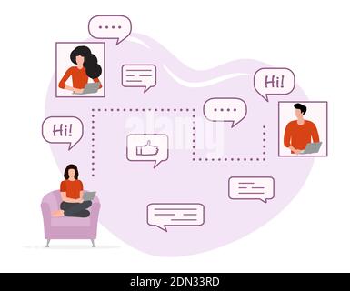 Vector illustration People group talk. Video call conference, discussion. Teamwork, brainstorm concept. Friendly, family communication. Dialogue speec Stock Vector