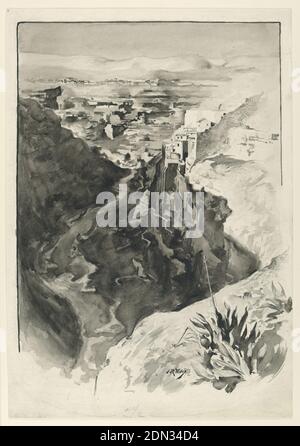 The Cave of Adullam, Irving Ramsey Wiles, American, 1861–1948, Brush and black and grey watercolor, with graphite, on cream paper, A cliff edge and a large plant in the foreground, right. A valley in the center of the composition. Some buildings built into the side of the cliff face, in the distance. More buildings and low, rolling mountains beyond., USA, 1889, landscapes, Drawing Stock Photo