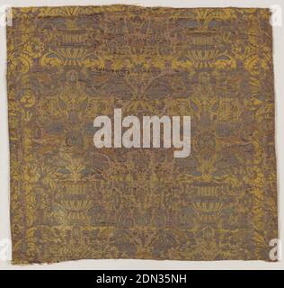 Textile, Medium: silk Technique: plain compound satin weave with supplementary weft, Symmetrical large scale floral motif derived from the pomegranate brocaded in light blue, yellow and brown on a mauve ground., France, 17th century, woven textiles, Textile Stock Photo