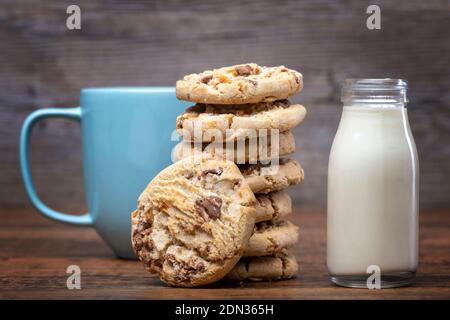 Milk and chocolate chip cookies. Stock Photo