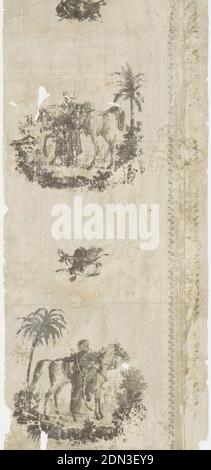 Sidewall, Block-printed on handmade paper, On grisaille ground, figural scenic, vignettes featuring soldier mounting horse with exotic trees, alternating with smaller motifs of riding or military attire., USA, 1800–1825, Wallcoverings, Sidewall Stock Photo