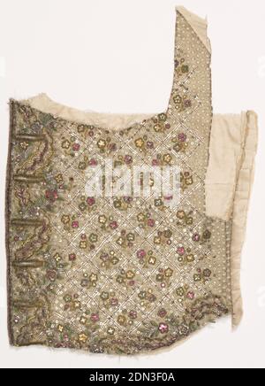Waistcoat fragments, Medium: silk, metallic thread, sequins, colored foil, Technique: embroidered with bobbin lace inserts, Fragments of a gentleman's waistcoat include two pockets and a portion of the front just above one pocket. Cream-colored silk is heavily embroidered in a floral vine pattern with scrolling leaves made with metallic bobbin lace inserts. Body of the waistcoat has a diamond lattice pattern that encloses flower sprigs., France, 1750–1775, costume & accessories, Waistcoat fragments Stock Photo