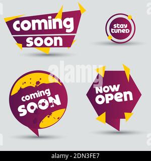 Coming Soon and stay tuned labels with creative shape on blue background. Now Open Stock Vector
