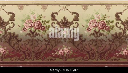 Frieze, Machine-printed paper, Alternating large and small floral bouquets framed by scrolling acanthus leafs. Background fades top to bottom from cream, to green, to burgundy. Printed in shades of brown, pink, cream, and green., USA, 1905–1915, Wallcoverings, Frieze Stock Photo