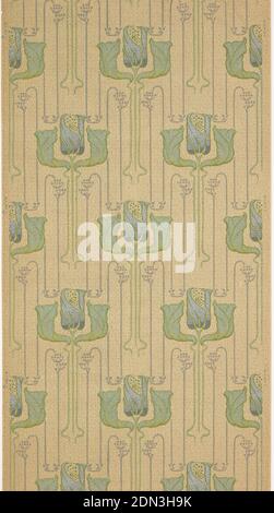 Sidewall, Machine-printed paper, Stylized tulips arranged in vertical lines that are offset. Each flower has two petals, and there is circular floral vining in the resulting negative spaces. Background is covered with black dots and light green vertical lines. Ungrounded. Printed in greens, blues, black., USA, 1905–1915, Wallcoverings, Sidewall Stock Photo