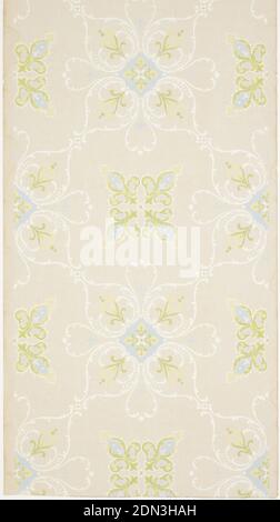 Ceiling paper, Williamson, Machine-printed paper, liquid mica, Alternating large floral medallions with foliate scrolls and fleur-de-lis motifs. Ground is white. Printed in blue, greens, and white. Printed in selvedge: 'Williamson 665', USA, 1905–1915, Wallcoverings, Ceiling paper Stock Photo