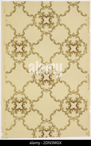 Ceiling paper, Janeway & Co. Inc., New Brunswick, New Jersey, 1848 - 1914, Machine-printed paper, Grid or trellis framework with a quatrefoil-like motif at the intersections. Printed in tan and browns on light tan spotted ground., New Brunswick, New Jersey, USA, 1905–1915, Wallcoverings, Ceiling paper Stock Photo