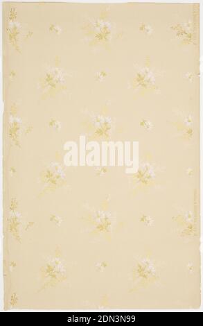 Ceiling paper, Howell and Brothers, 1835 – 1900, Machine-printed paper, liquid mica, Small floral sprigs alternating with single white flower. Printed in green, white and metallic gold on off-white or taupe ground., Philadelphia, Pennsylvania, USA, 1905–1915, Wallcoverings, Ceiling paper Stock Photo