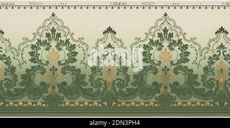 Frieze, Machine-printed paper, Alternating large and small foliate medallions connected by acanthus scrolls with lacey scrolls above medallions; bellflowers across top; printed in green and metallic gold; background shades from light green to deep green at bottom., USA, 1905–1915, Wallcoverings, Frieze Stock Photo