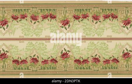 Frieze, Machine-printed paper, Landscape view with pine and deciduous trees, floral medallion in front; printed 2 across., USA, 1905–1915, Wallcoverings, Frieze Stock Photo