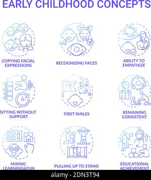 Early childhood development blue gradient concept icons set Stock Vector