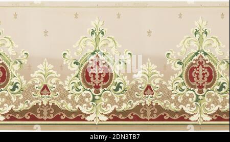 Frieze, Machine-printed paper, Alternating large and small green medallions, each having deep red center. Large medallions contain fleur-de-lis. Small fleur-de-lis repeat across background, which shades from darker at the bottom to lighter at top., USA, 1905–1915, Wallcoverings, Frieze Stock Photo