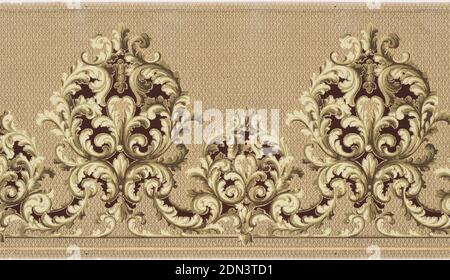 Frieze, Machine-printed paper, Alternating large and small medallions of scrolled acanthus leaves repeat horizontally across the page. An allover diaper pattern of small cells creates a woven texture behind the acanthus medallions. This design is printed in shades of beige and brown on a tan background., USA, 1905–1915, Wallcoverings, Frieze Stock Photo