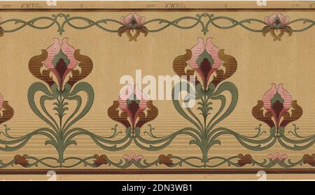 Frieze, York Wall Paper Company, 1895, Machine-printed paper, Stylized tulip pattern, alternating with a tall tulip on stem with a tulip flower, each connect by foliage that become swags. Printed on tan ground., York, Pennsylvania, USA, 1905–1915, Wallcoverings, Frieze Stock Photo