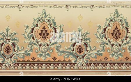 Frieze, Machine-printed paper, Alternating large and small acanthus medallions with floral motif centered in each. Metallic gold floral motifs in upper background and metallic gold stripes across middle ground. Metallic copper fill in medallions and appearing on lower portion. Background shades from green at top to tan towards bottom., USA, 1905–1915, Wallcoverings, Frieze Stock Photo