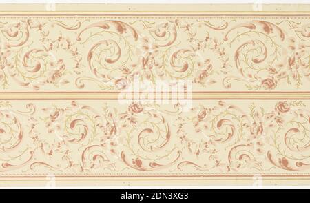 Frieze, Machine-printed, mica, liquid, Printed two across. Floral and foliate scrolls linked together appearing like rinceau design., USA, 1905–1915, Wallcoverings, Frieze Stock Photo