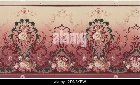 Frieze, Machine-printed paper, Alternating large and small floral medallions with floral bouquet insets and beading connected by foliate scrolls with pinecones, scrolls with fleur-de-lis, and floral vining. Ground is dark pink to cream. Printed in dark green, reds, tan, light pink, white and white mica., USA, 1905–1915, Wallcoverings, Frieze Stock Photo