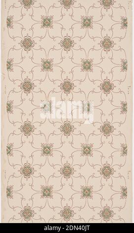 Ceiling paper, Machine-printed paper, Two different squarish motifs alternating in rows. Connected by dotted scrolling lines. Printed on tan ground., USA, 1905–1915, Wallcoverings, Ceiling paper Stock Photo