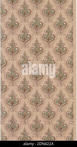 Sidewall, Machine-printed paper, liquid mica, On tan ground, staggered medallions in arabesque form framed by scrolls containing turquoise ground with geometric structure., USA, 1905–1915, Wallcoverings, Sidewall Stock Photo