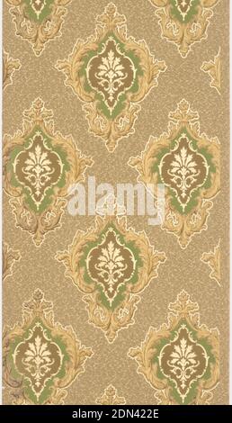 Sidewall, Machine-printed paper, Staggered medallions on textured purple ground. Medallions composed of scroll gold frames containing concentric shapes in green, cream, and burgundy filled with an acanthus leaf motif., USA, 1905–1915, Wallcoverings, Sidewall Stock Photo