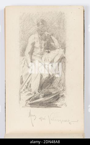 Sketchbook Page: Mars Resting, After Velázquez, Kenyon Cox, American, 1856–1919, Graphite on paper, Study of a male figure with drapery, after a painting of Mars by Velázquez., USA, 1883, albums (bound) & books, Sketchbook folio, Sketchbook folio Stock Photo