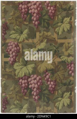 Sidewall - sample, Machine-printed paper, Large clusters of purple grapes, with lush foliage, supported on trellis., USA, 1907–08, Wallcoverings, Sidewall - sample Stock Photo