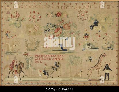 Sampler, Medium: linen, silk Technique: cross stitch embroidery, Exotic spot motifs of giraffe, man on horseback, palm trees, animals, birds, flower urn, alphabet., Italy, 1801, embroidery & stitching, Sampler Stock Photo